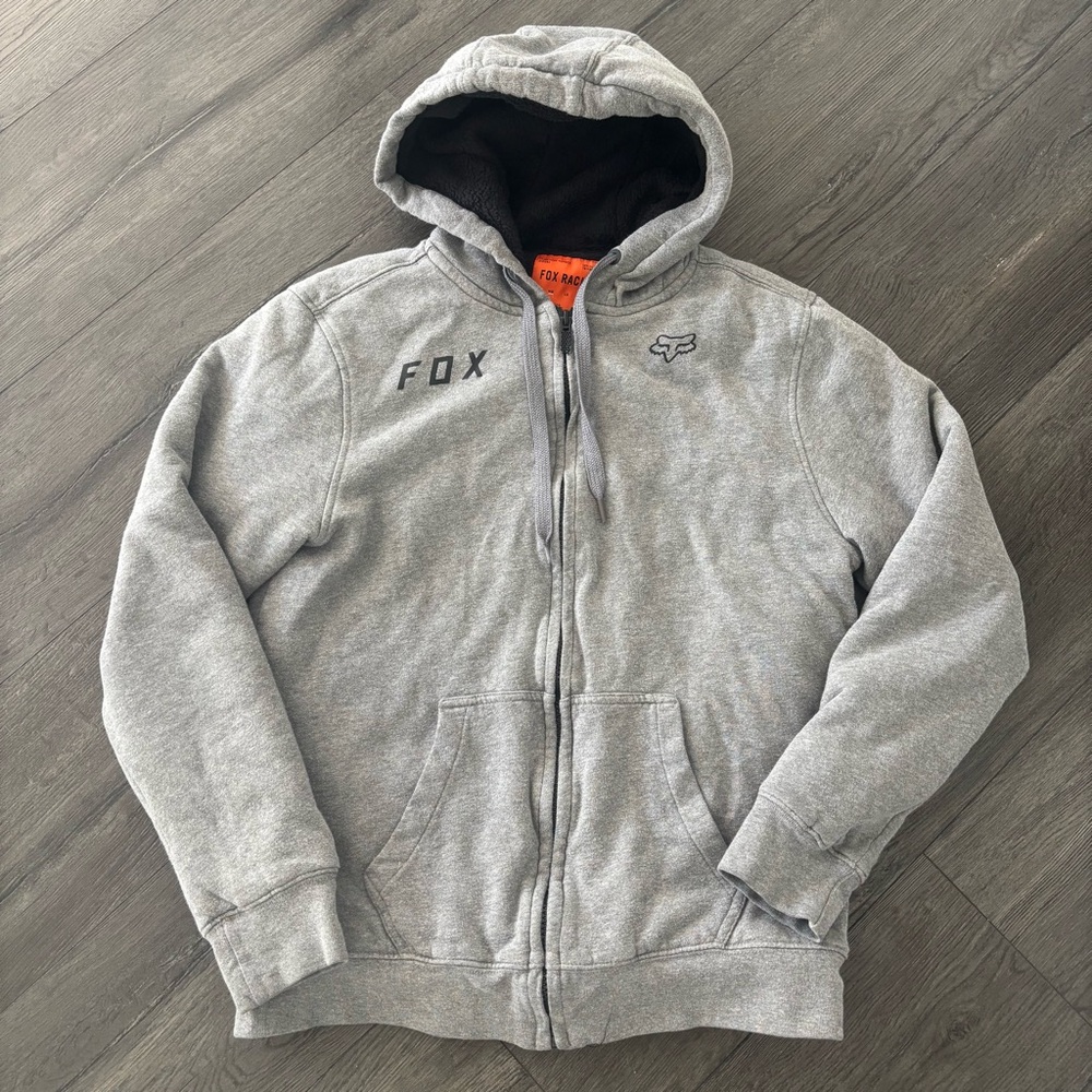 Vintage Fox Racing Grey Zip Up Hoodie Men’s Size M Jacket Y2K Sherpa Lined